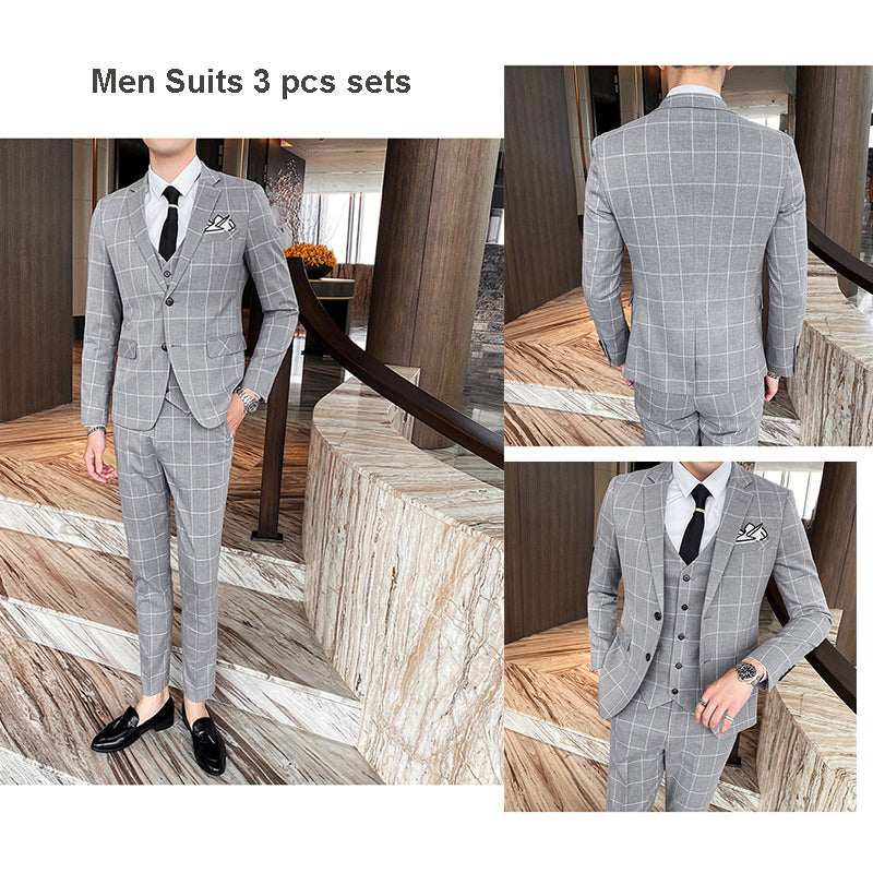 Mens 3 Piece Slim Fit Plaid Suit Formal Business Tuxedos Blazer+Vest+Pants | 812