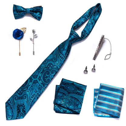 Silk Tie Woven Handkerchief Men's Necktie and Lapel Pin Brooch Set Floral | LB211