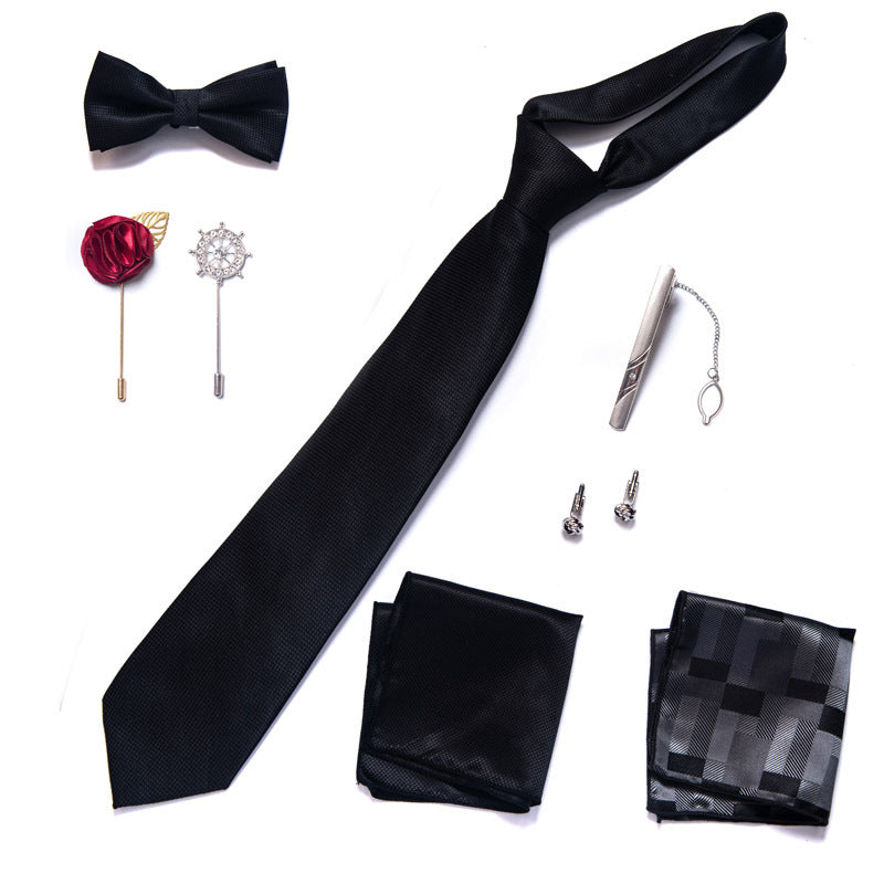 Men's Black Silk Necktie Solid Plain Tie and Pocket Square Cufflink Set Formal Business | LB225