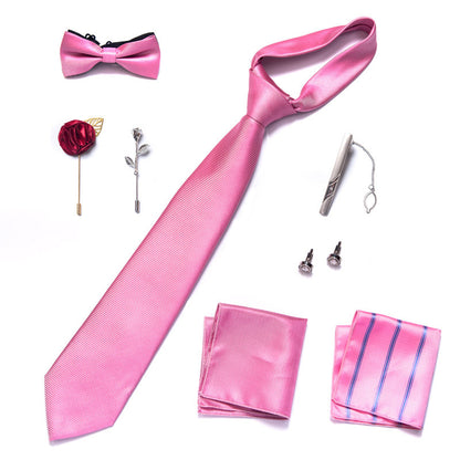 Mens Solid Pink Necktie Pocket Square Cufflinks Brooch for Men Wedding Party | LB227