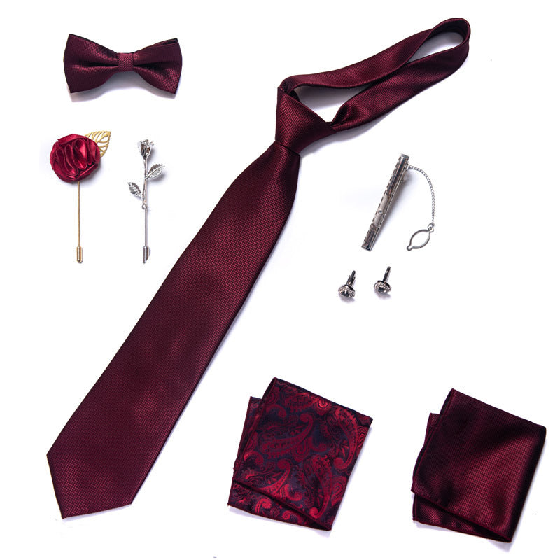 Wine Red Men's Silk Necktie Solid Plain Tie and Pocket Square Cufflink Set | LB247