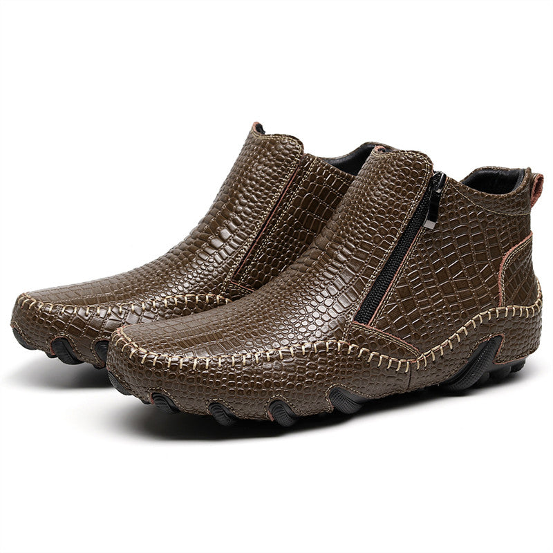 Men's Croc Pattern Zipper Leather Moccasin Shoes | 1813