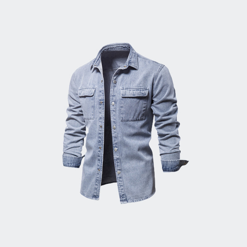 Men's Essential Button Down Long Sleeve Washed Denim Shirt-6001