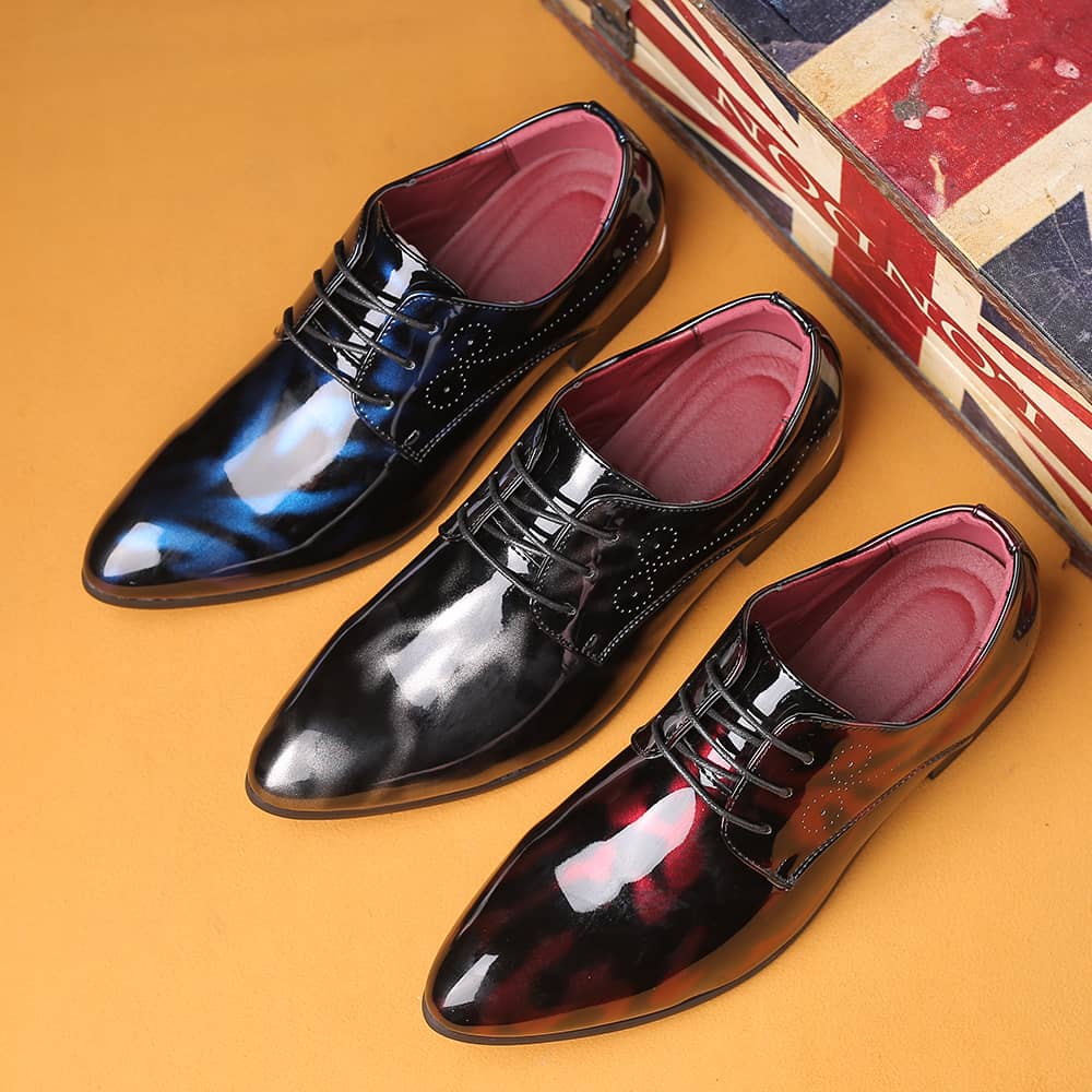Men Floral Patent Derby Shoes Formal Business Pointed Toe Faux Leather Boots | 333