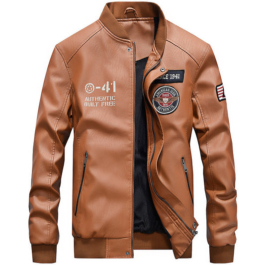 Men's Jacket Brand Embroidery PU Jackets Male Casual Warm Fleece Pilot Bomber Jacket Coat | 7702