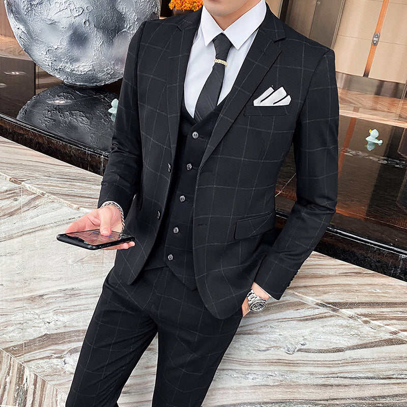 Mens 3 Piece Slim Fit Plaid Suit Formal Business Tuxedos Blazer+Vest+Pants | 812