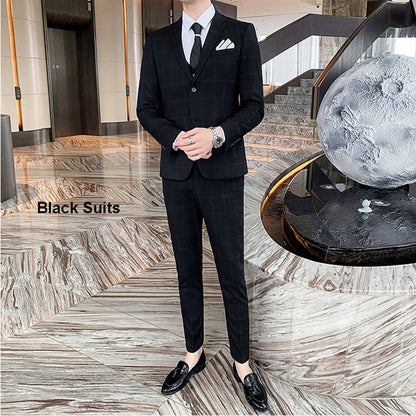 Mens 3 Piece Slim Fit Plaid Suit Formal Business Tuxedos Blazer+Vest+Pants | 812