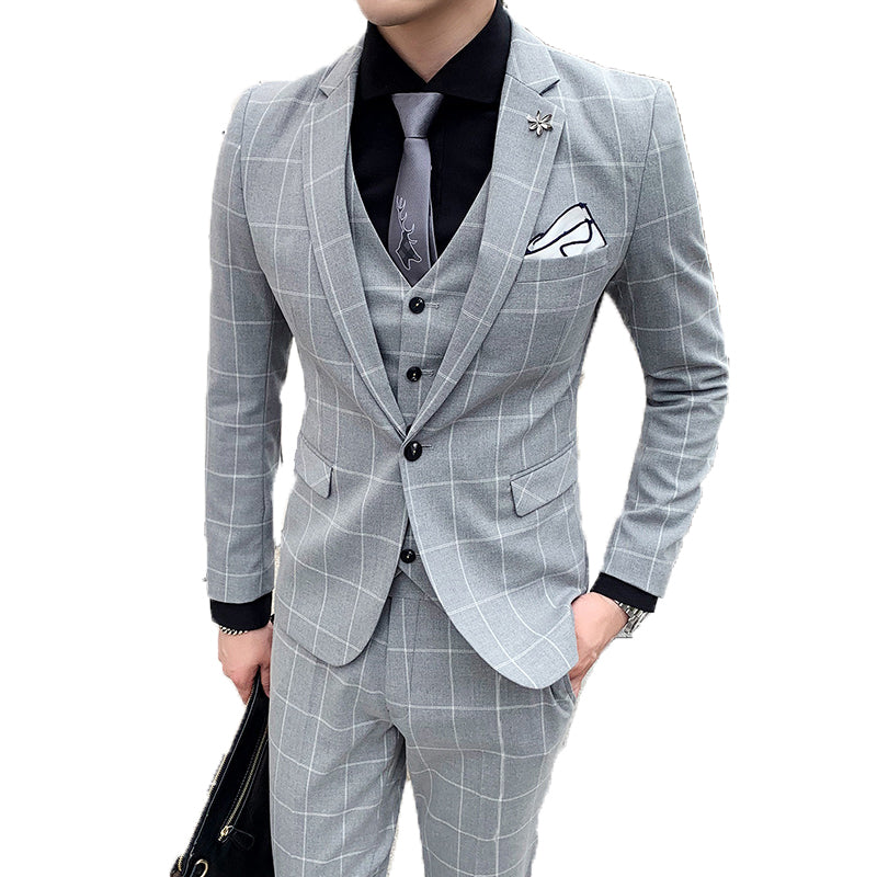 Mens 3 Piece Slim Fit Plaid Suit Formal Business Tuxedos Blazer+Vest+Pants | 812