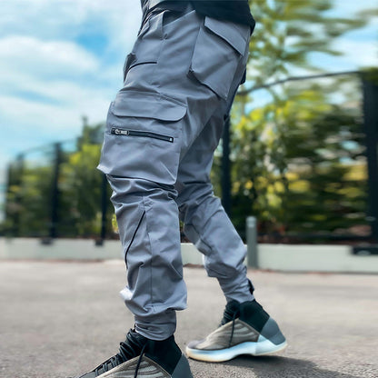 Grey Men's Multi Pocket Fashion Cargo Pants Technical Reflective Jogger Pants | W302