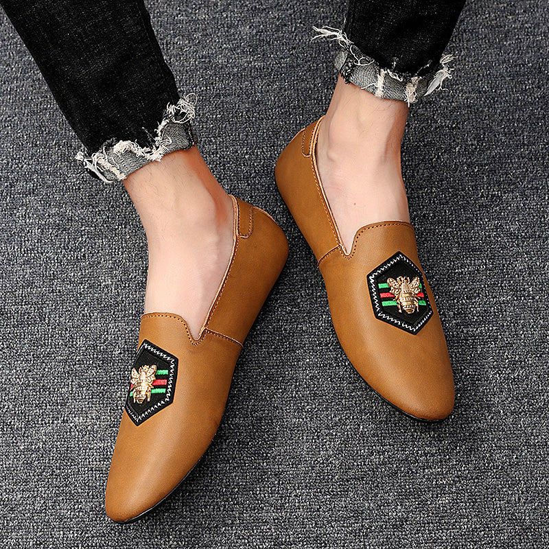 Men's Stylish Loafers Bee Embroidery Leather Shoes For Men | 597