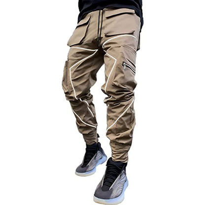 Khaki Fashion Mens Cargo Pants Hip Hop Elasticated Waist Drawstring Street Jogger Sweatpants with Pockets Jogging Punk | W302
