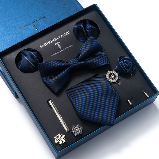 Navy Solid Striped Necktie Pocket Square Cufflinks Brooch for Men Wedding Party |LB202