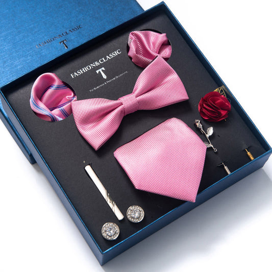 Mens Solid Pink Necktie Pocket Square Cufflinks Brooch for Men Wedding Party | LB227