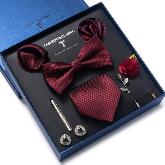 Wine Red Men's Silk Necktie Solid Plain Tie and Pocket Square Cufflink Set | LB247