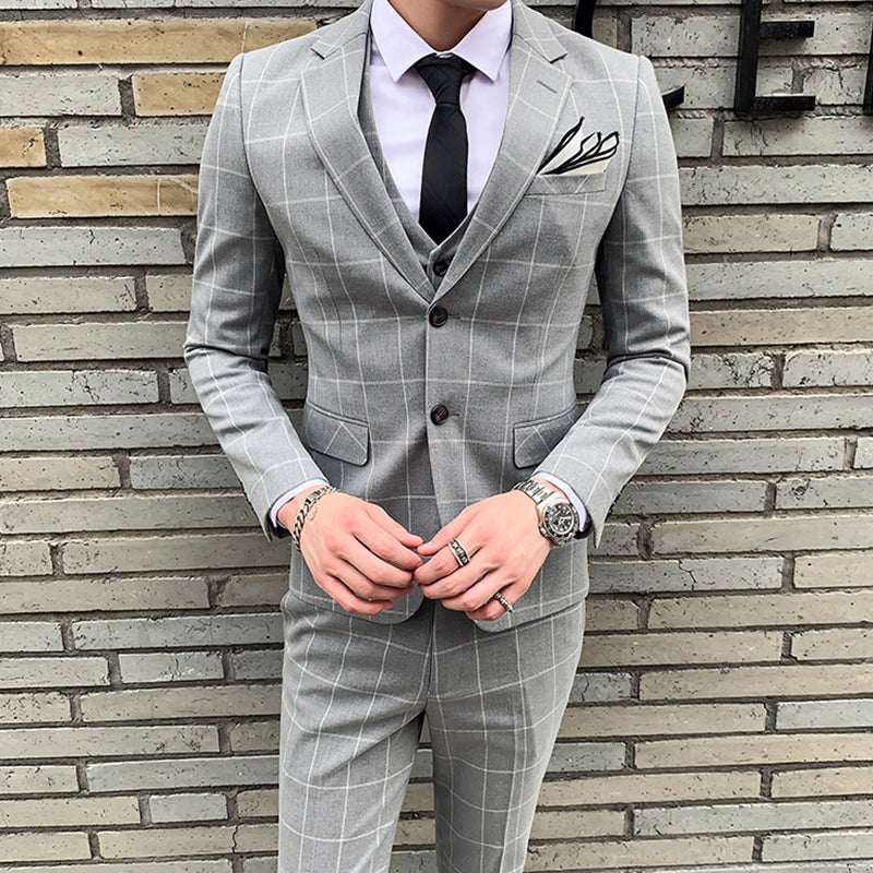 Mens 3 Piece Slim Fit Plaid Suit Formal Business Tuxedos Blazer+Vest+Pants | 812