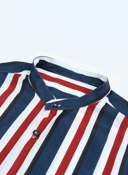 Camicia casual da uomo in cotone a righe a maniche lunghe con collo a fascia e bottoni | +MC255371-4019 