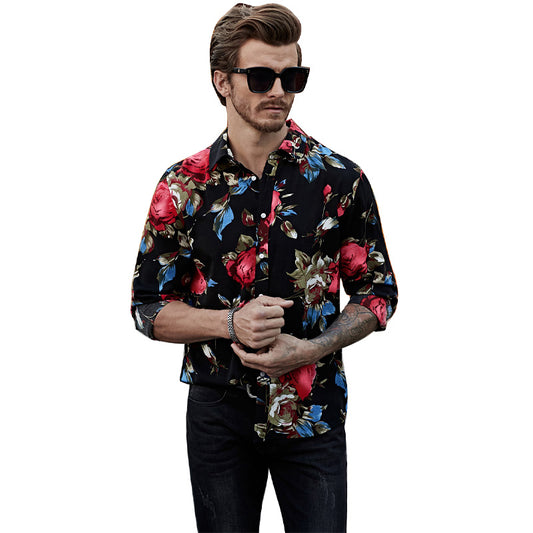 Black Men's Long Sleeve Floral Print Shirt Hawaiian Button-Down Dress Shirt | MC255372-22