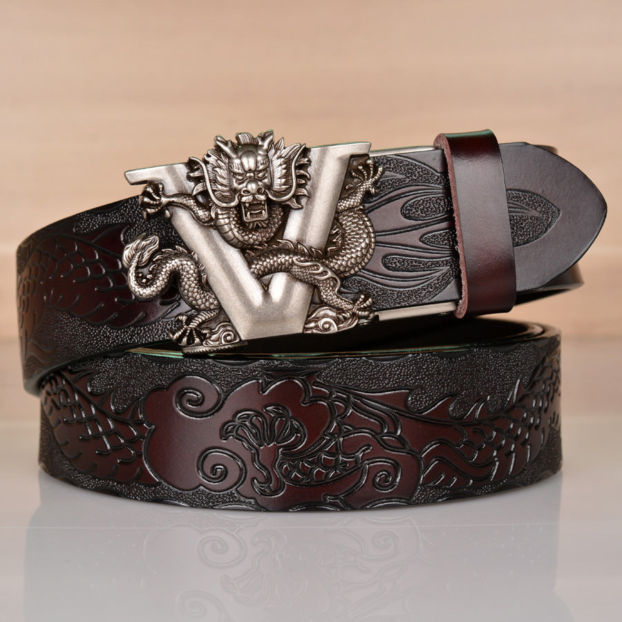 Mens Ratchet Belt,Genuine Leather Belt with Automatic Alloy V Dragon Buckle  | 4019ZD05