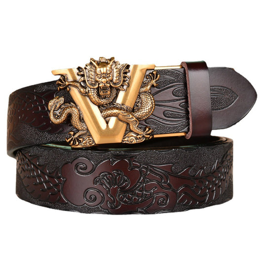 Mens Ratchet Belt,Genuine Leather Belt with Automatic Alloy V Dragon Buckle  | 4019ZD05