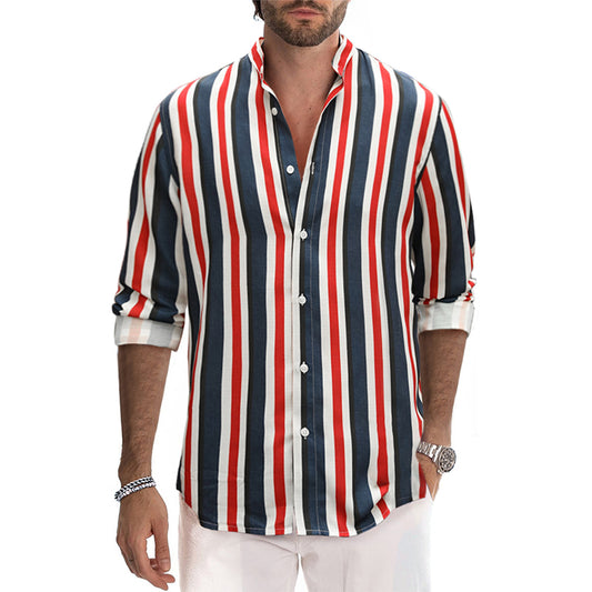 Mens Casual Cotton Striped Long Sleeve Linen Feel Shirts Band Collar Button Down Shirt | +MC255371-4019