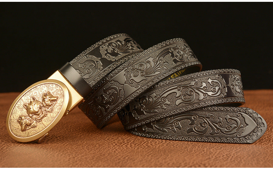 Mens Ratchet Belt,Genuine Leather Belt with Automatic  Wolf Buckle Alloy | TCZD003
