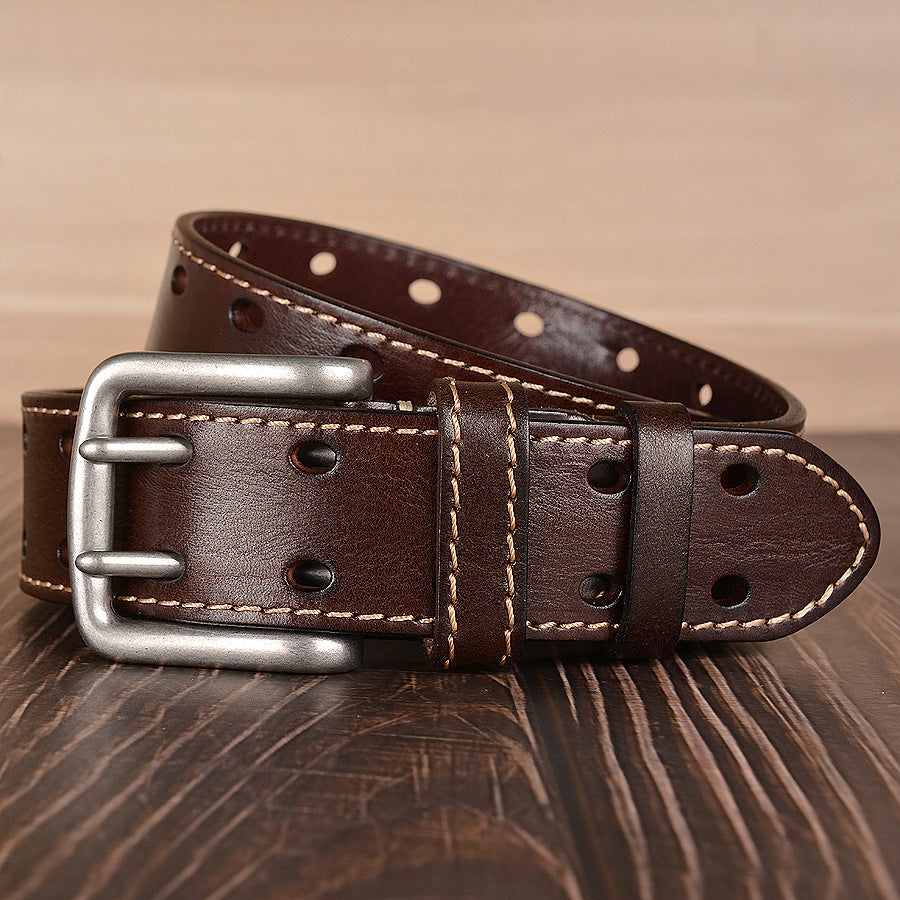 Mens Genuine Full Grain Leather Double Prong Belt, Full Grain Stitched Belts 1.50" Wide | TCZK10