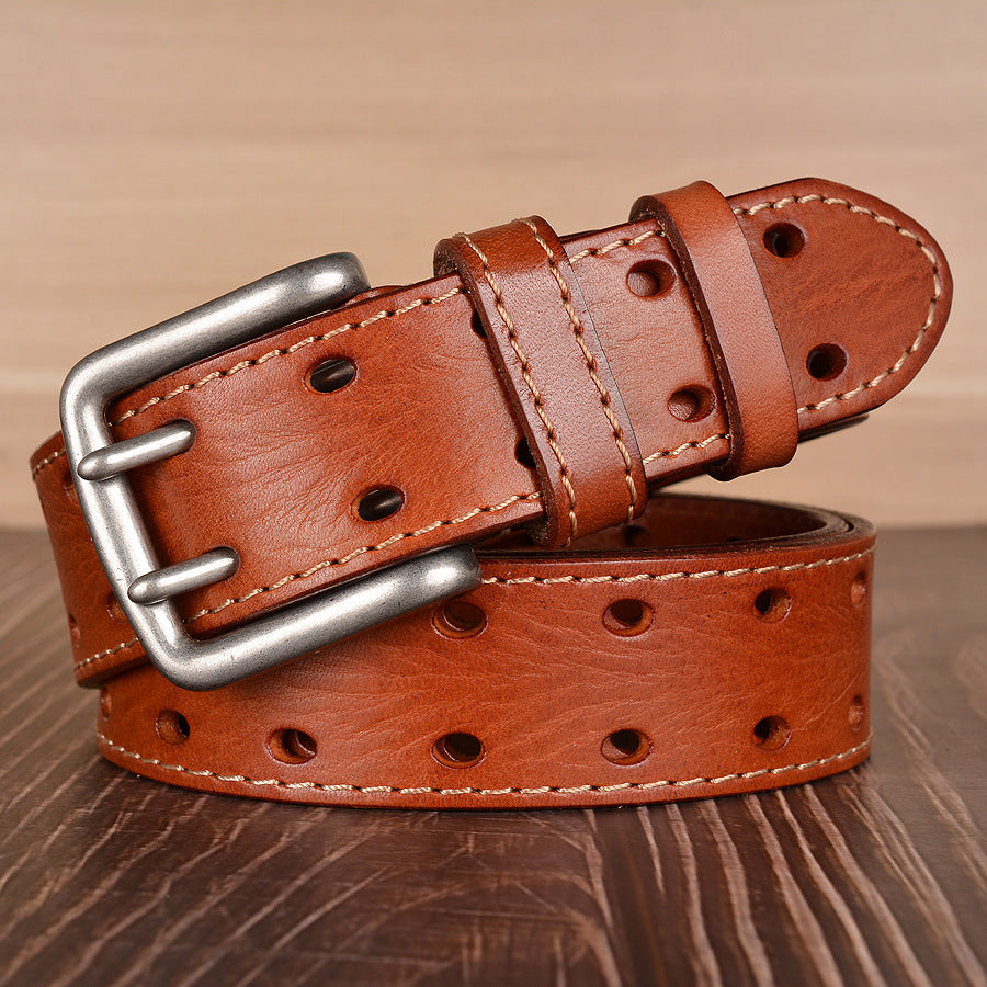 Mens Genuine Full Grain Leather Double Prong Belt, Full Grain Stitched Belts 1.50" Wide | TCZK10