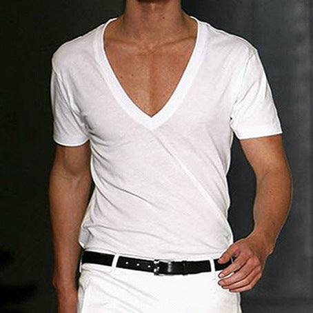 Men's Basic White Deep V-Neck Cotton Short Sleeve T-Shirt | R2US