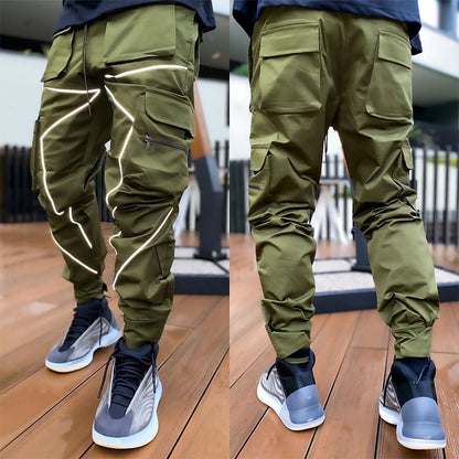 Men' s Fashion Reflective Strips Slim Fit Gym Workout Jogger Cargo Pants Ankle Banded | W302