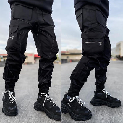 Men' s Fashion Reflective Strips Slim Fit Gym Workout Jogger Cargo Pants Ankle Banded | W302