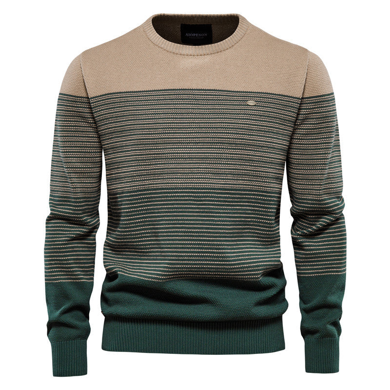Men's Crewneck Soft Thermal Knitted Sweatshirt Color Block Striped-Y121