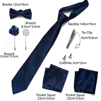 Navy Solid Striped Necktie Pocket Square Cufflinks Brooch for Men Wedding Party |LB202