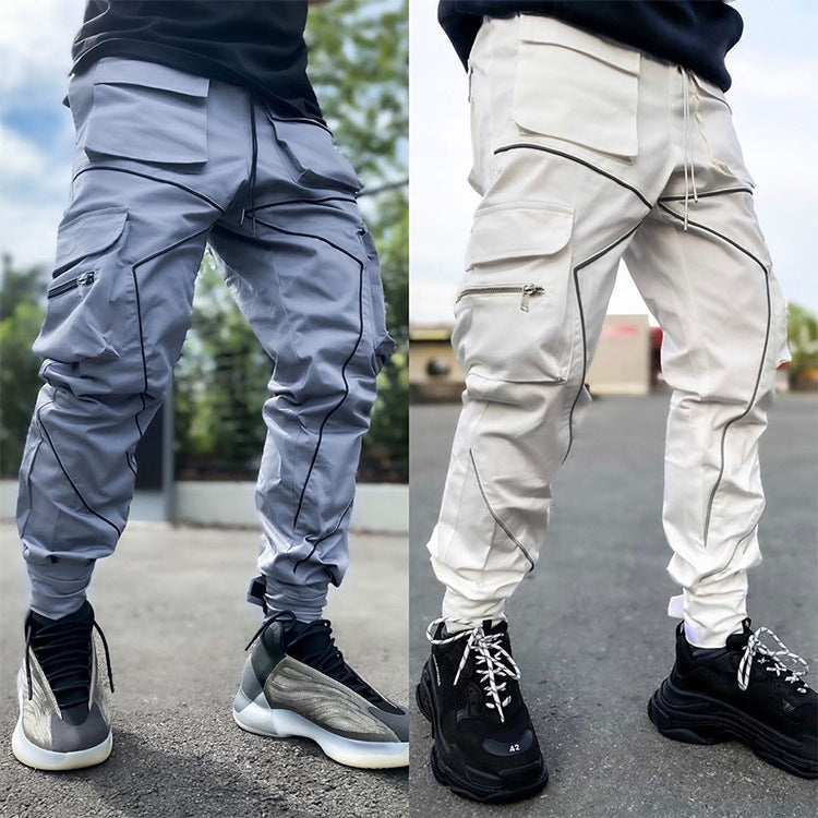 Grey Men's Multi Pocket Fashion Cargo Pants Technical Reflective Jogger Pants | W302
