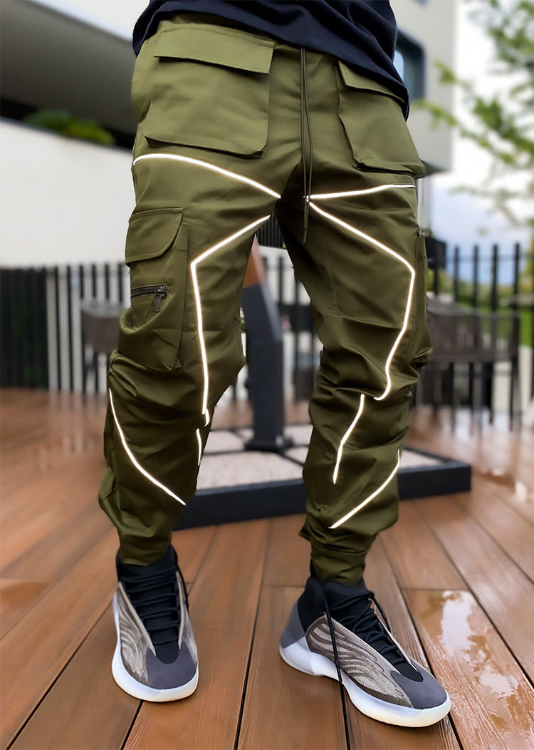 Men' s Fashion Reflective Strips Slim Fit Gym Workout Jogger Cargo Pants Ankle Banded | W302