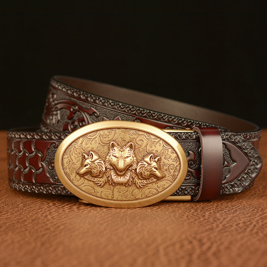 Mens Ratchet Belt,Genuine Leather Belt with Automatic  Wolf Buckle Alloy | TCZD003