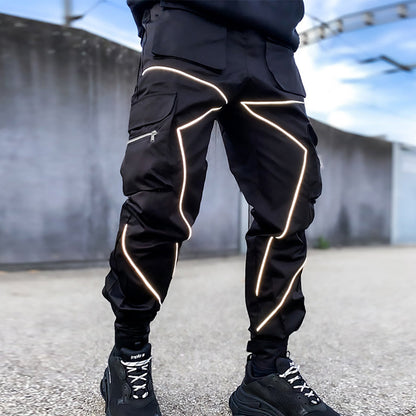 Men' s Fashion Reflective Strips Slim Fit Gym Workout Jogger Cargo Pants Ankle Banded | W302