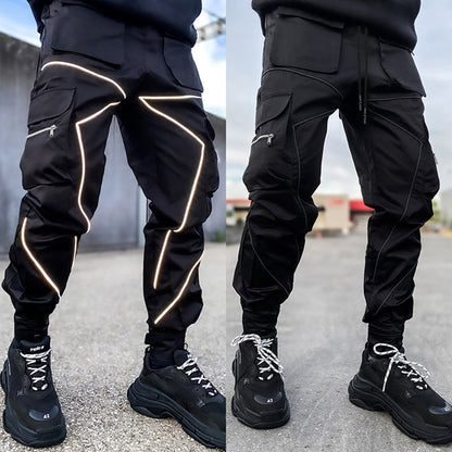 Men' s Fashion Reflective Strips Slim Fit Gym Workout Jogger Cargo Pants Ankle Banded | W302