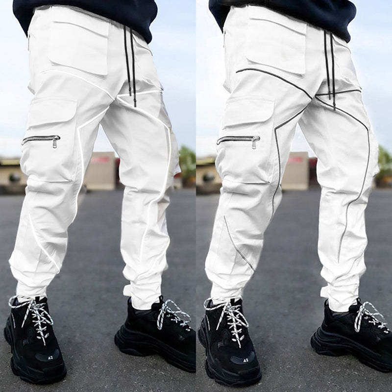 Men' s Fashion Reflective Strips Slim Fit Gym Workout Jogger Cargo Pants Ankle Banded | W302