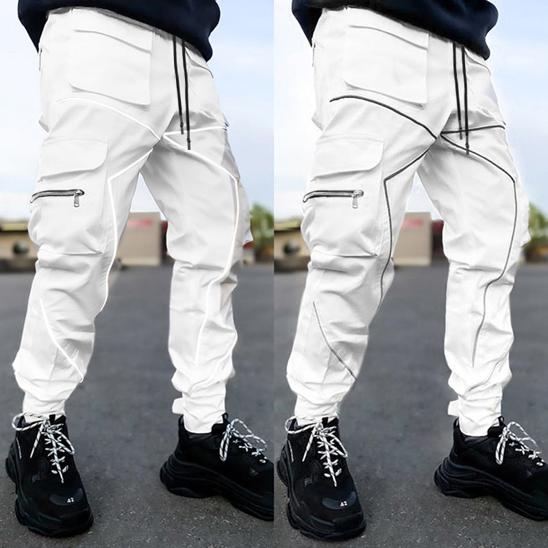 White Men's Multi Pocket Fashion Cargo Pants Technical Reflective Jogger Pants  | W302