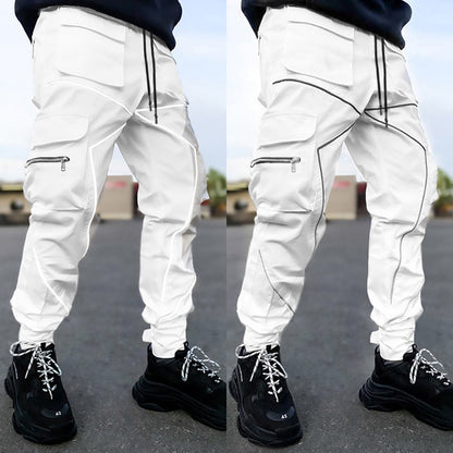 White Men's Multi Pocket Fashion Cargo Pants Technical Reflective Jogger Pants  | W302