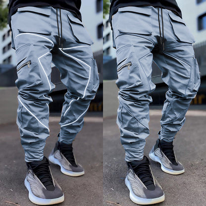 Men' s Fashion Reflective Strips Slim Fit Gym Workout Jogger Cargo Pants Ankle Banded | W302