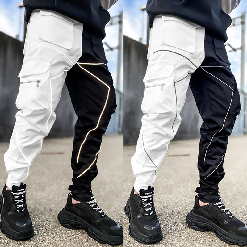 Men' s Fashion Reflective Strips Slim Fit Gym Workout Jogger Cargo Pants Ankle Banded | W302