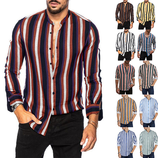 Men's Casual Long Sleeve Button-Down Shirts Striped Dress Shirts | MC255371