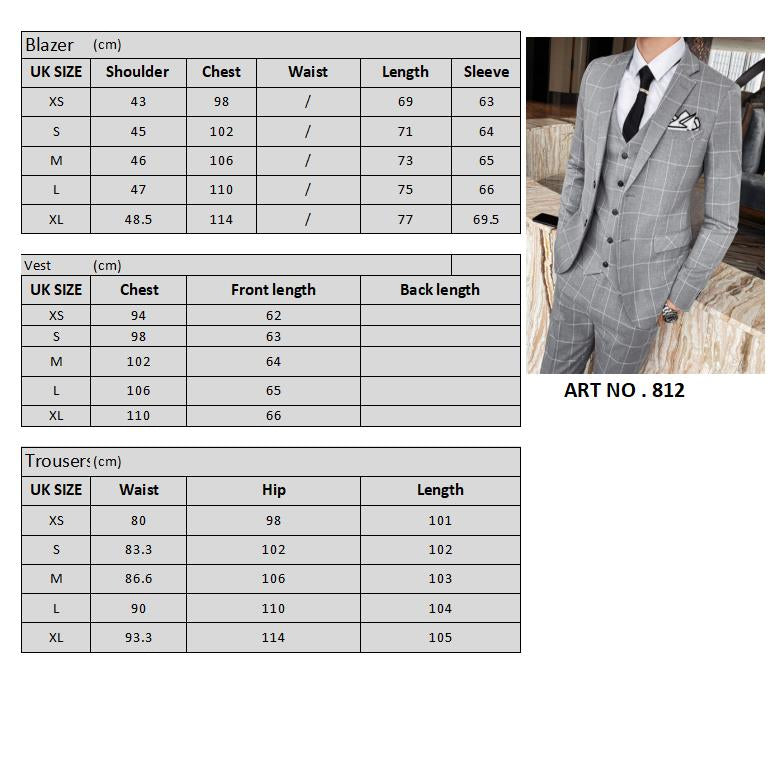 Mens 3 Piece Slim Fit Plaid Suit Formal Business Tuxedos Blazer+Vest+Pants | 812